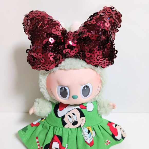 Labubu Disney Mickey Holiday Christmas Dress with Sequin Bow Outfit - Picture 3 of 5